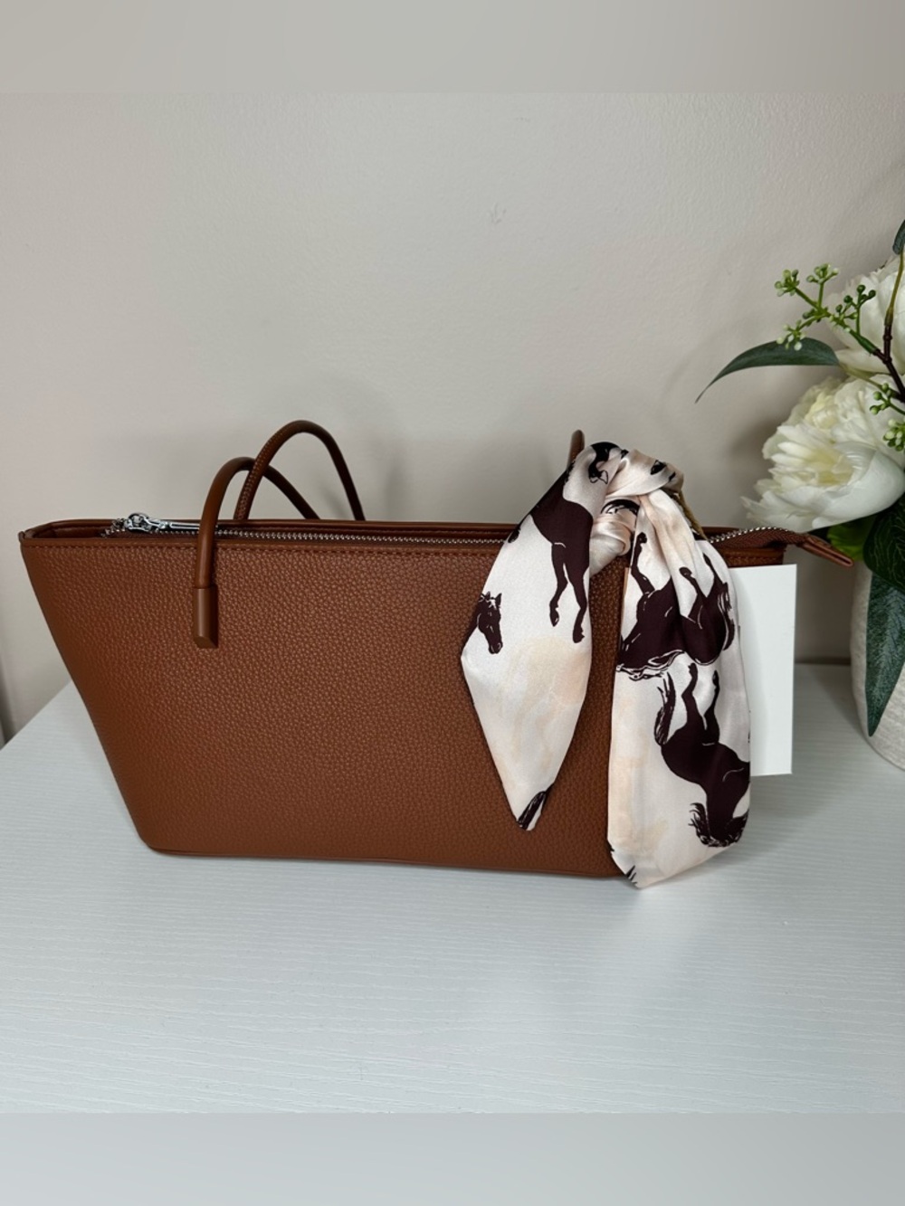 Mystique Boutique Cognac Pebbled Leather Shoulder Bag with Scarf